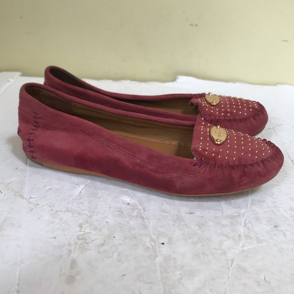 Coach Ballet Flats Suede Studs Logo Loafers Leather Shoes Barbie Pink Comfort - Picture 2 of 15